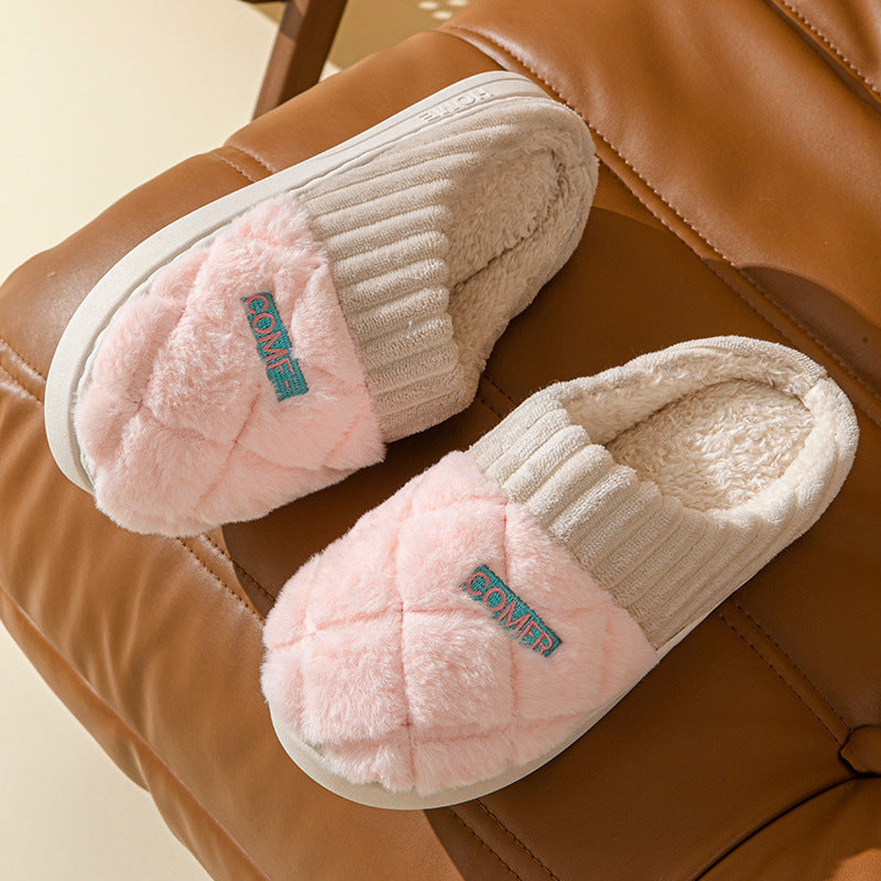 Solid Rhombic Letter Home Slippers Winter Warm Non-slip Floor Bedroom Plush Slipper For Couple House Shoes Women Men Limorista