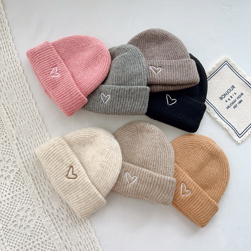 Heart Embroidery Solid Color Children Woolen Knitted Hat Limorista