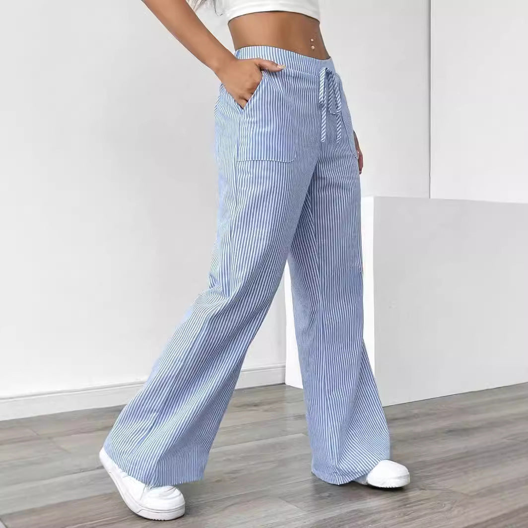 New Striped Trousers With Pockets Casual Versatile Loose Wide Leg Pants Women&