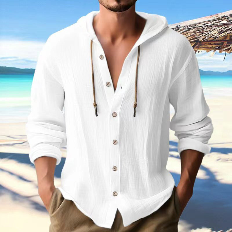 Cotton And Linen Shirt Hooded Sweater Button Long Sleeve Limorista