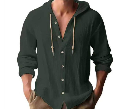 Cotton And Linen Shirt Hooded Sweater Button Long Sleeve Limorista