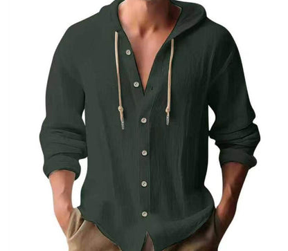 Cotton And Linen Shirt Hooded Sweater Button Long Sleeve Limorista