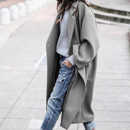 Casual Long Jacket With Pockets Solid Color Single Breasted Lapel Woolen Coat For Women Warm Winter Clothing Limorista