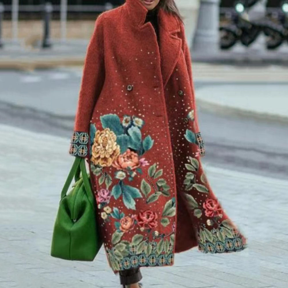 Turn-down Collar Coat Printed Woolen Long-cut Coat Limorista