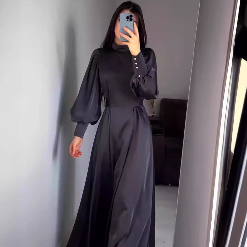 Waist Solid Color Long Sleeve Slim Fit Belt Retro Dress Limorista