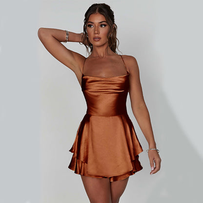 Sexy Suspender Skirt For Women Elegant Slim Strap Satin Backless Lace Up A-Line Short Dress Lady Limorista