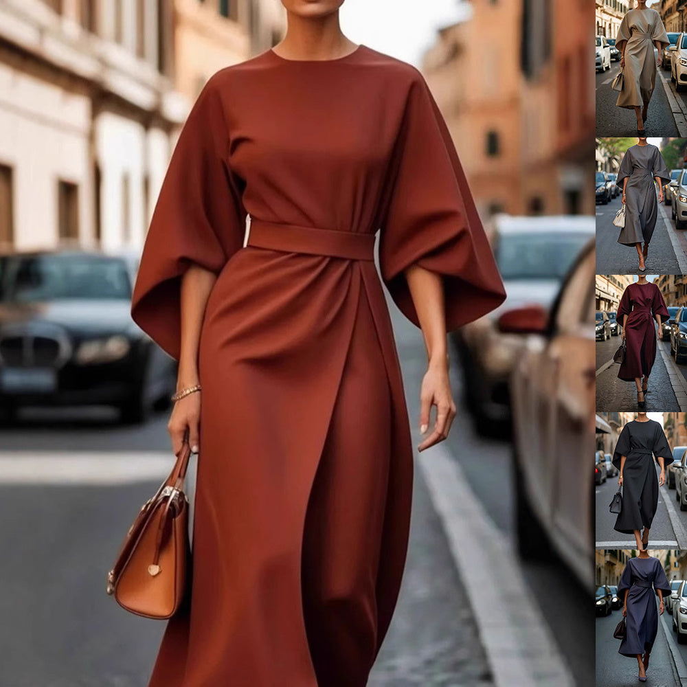 Loose Batwing Sleeve Dress Fashion Waist-tighted Solid Color Elegant Dresses For Women Clothing Limorista