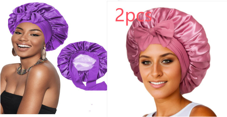 Double-layer Satin Ribbon Round Cap Bow Artificial Silk Beauty Hair Care Wide-brimmed Hat Limorista