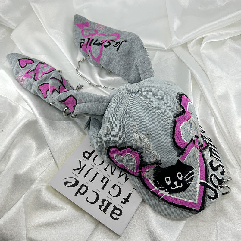 Special-interest Design Y2g American Graffiti Punk Denim With Hole Rabbit Limorista