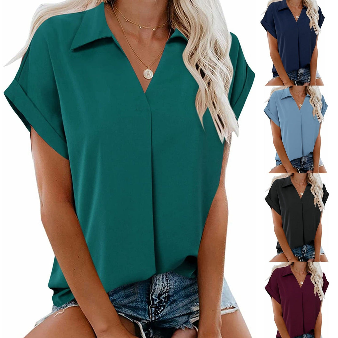 Short Sleeve V-Neck Solid Color Blouse Limorista