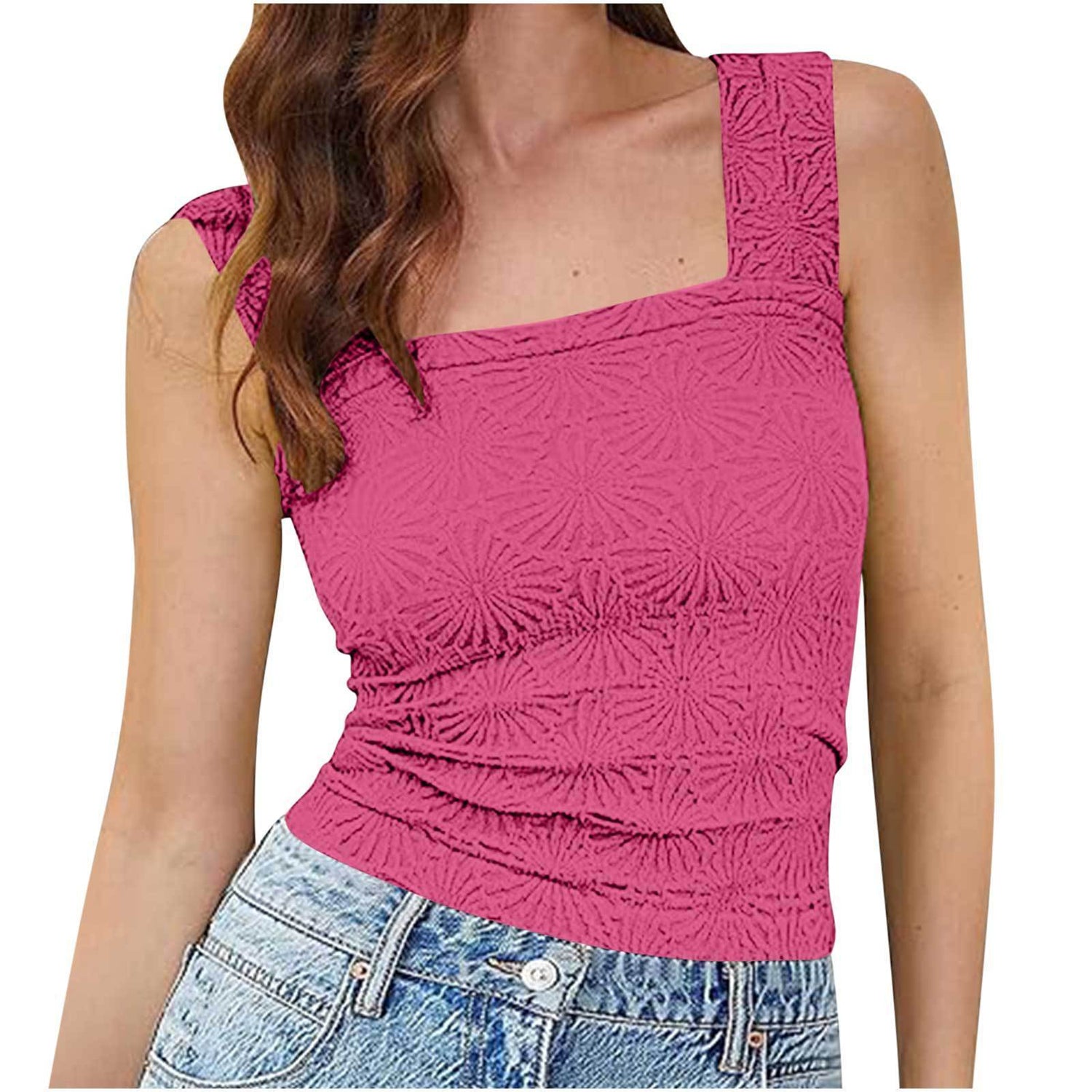New Slim Fit Square Neck Vest Summer Fashion Jacquard Sleeveless Top For Women Clothing Limorista