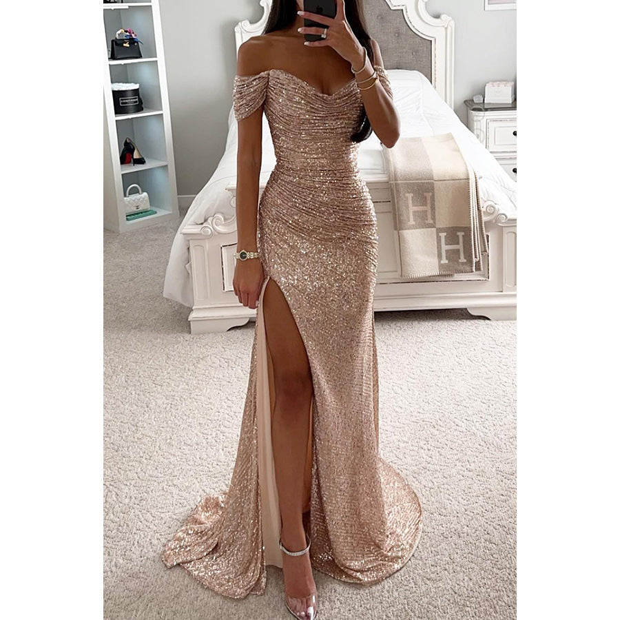 Party Sequins Off-neck Split Dress INS Casual Fashion Dress Women Limorista