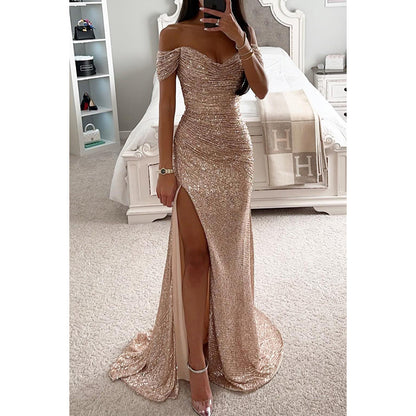 Party Sequins Off-neck Split Dress INS Casual Fashion Dress Women Limorista