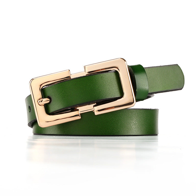 Retro Ladies Cowhide Leather Pin Buckle Belt Thin Simple Wild Belt Women Decoration Green Wholesale Limorista