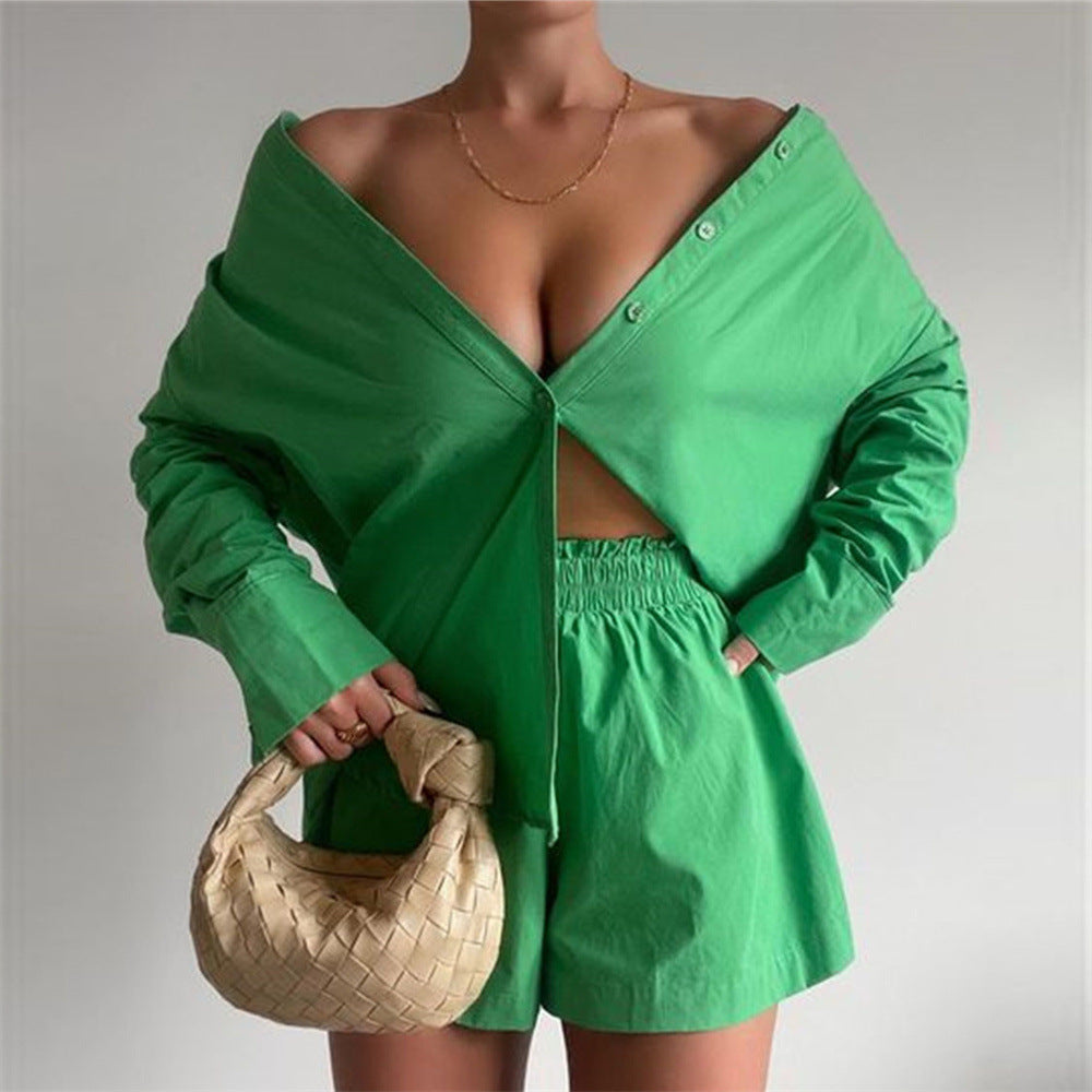 Solid Single Breasted Long Sleeve Lapel Shirt Shorts Limorista