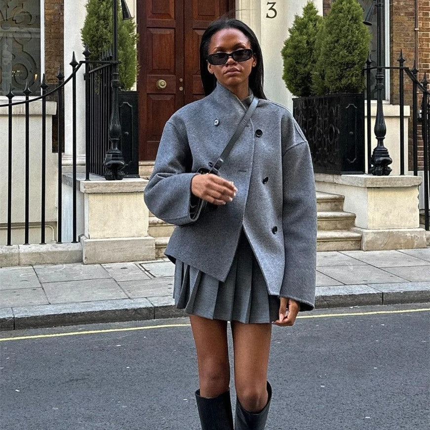 Limorista - Short Double Breasted Solid Color Coat Casual Temperament British Top