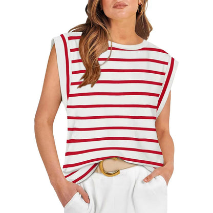 Round Neck Loose Short Sleeves Striped Top For Women Limorista