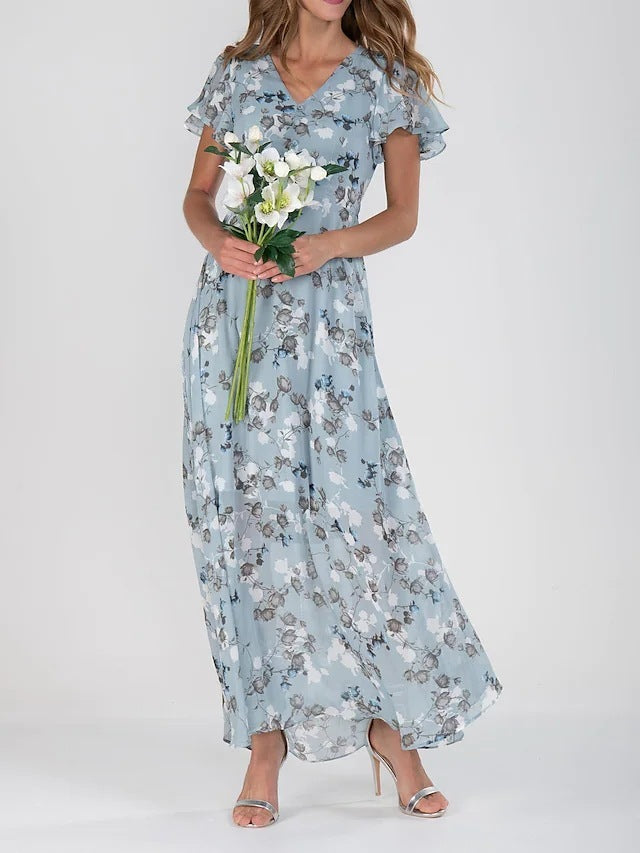 Flowers Print Short Sleeve Dress Summer Fashion Ruffle Beach Dresses Women&