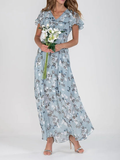 Flowers Print Short Sleeve Dress Summer Fashion Ruffle Beach Dresses Women&