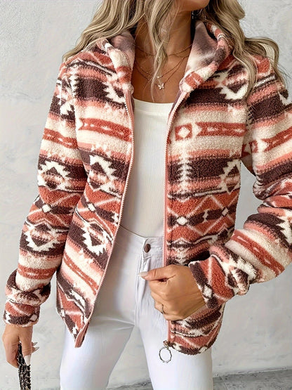 Fashion Casual Geometric Pattern Printed Hooded Zipper Jacket Limorista