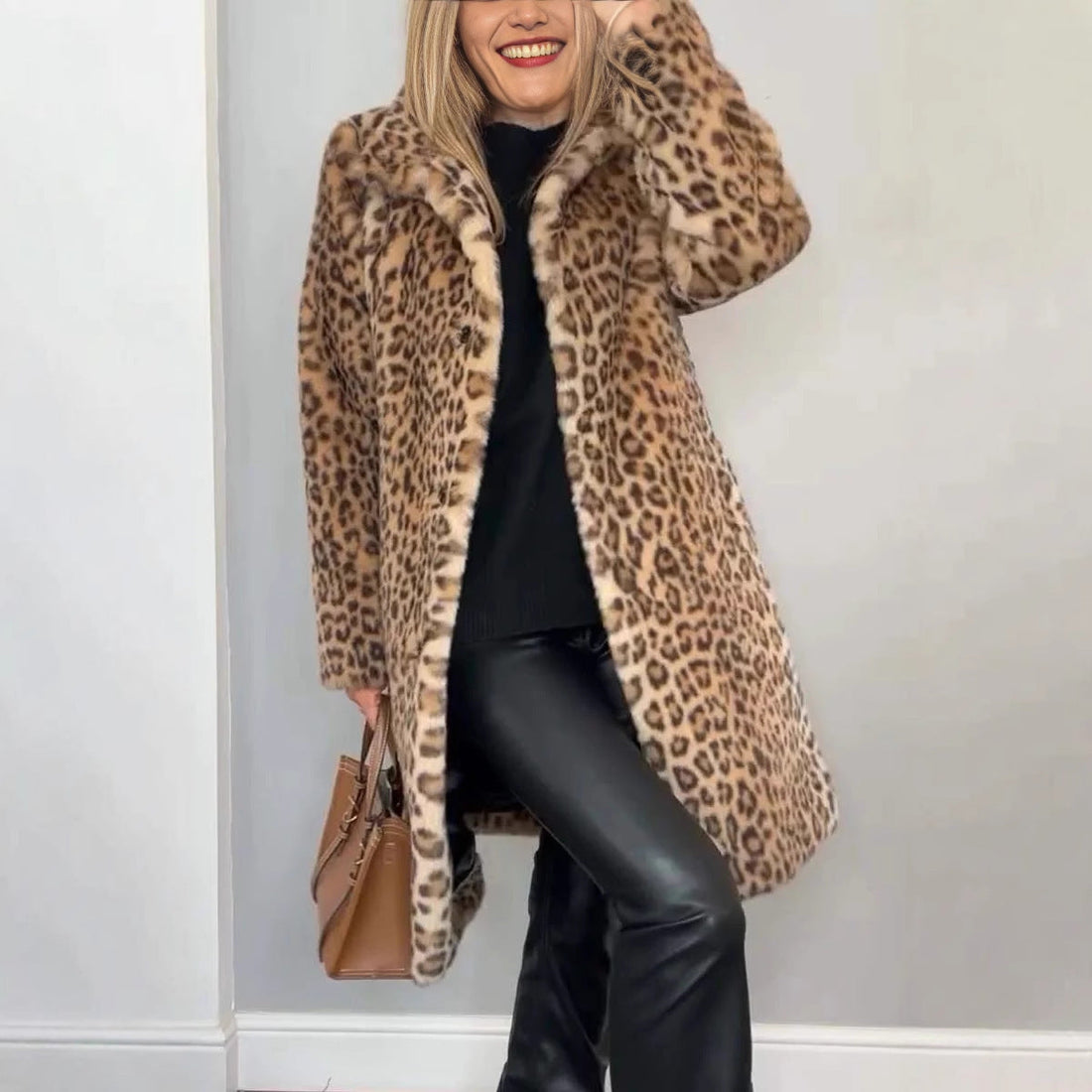 Fall Winter Leopard Print Plush Mid-length Coat Limorista