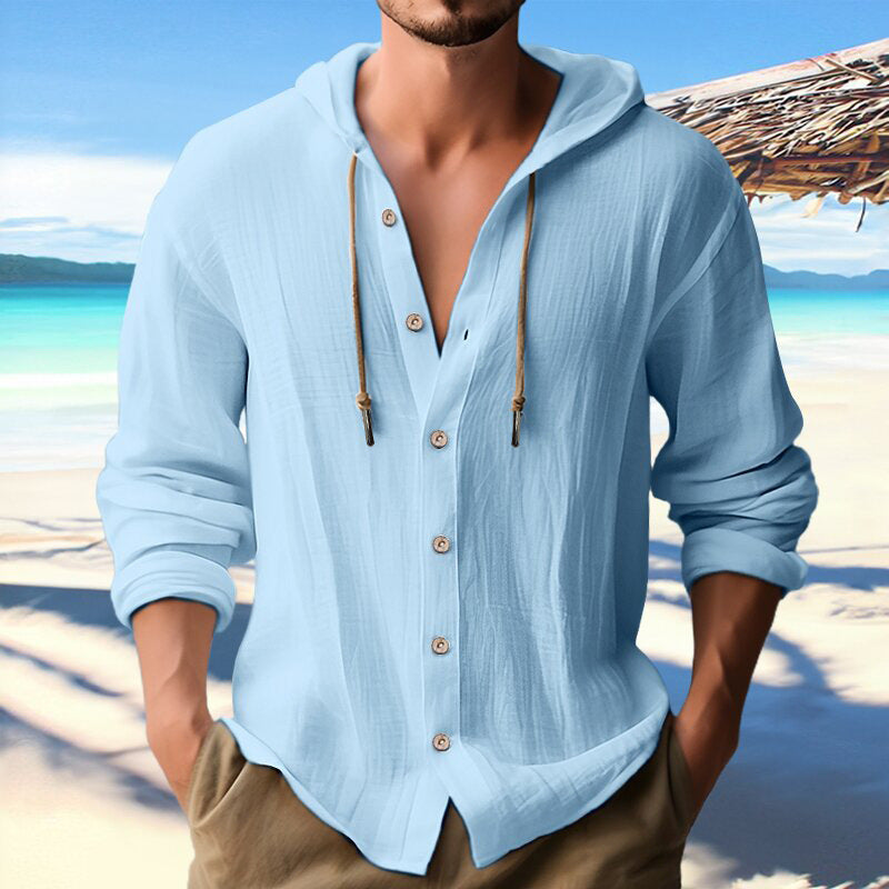 Cotton And Linen Shirt Hooded Sweater Button Long Sleeve Limorista