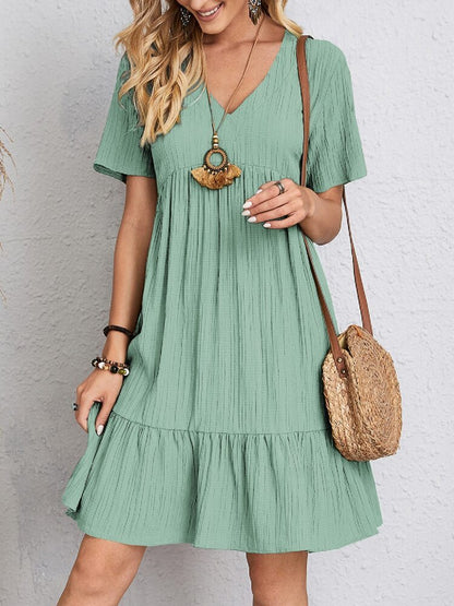 V-neck Short Sleeve Dress Summer Fashion Casual Loose Ruffled Dresses Beach Clothing Women Limorista