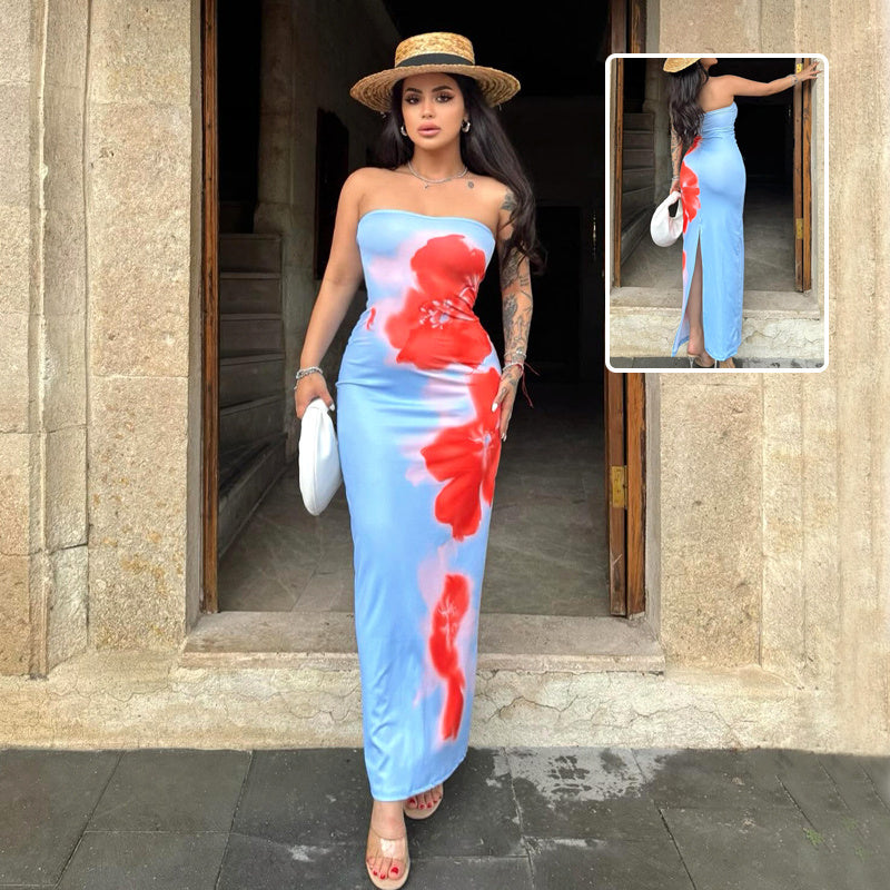 Slim Slit Tube Long Dress Summer Sexy Pint Party Beach Dresses Women&