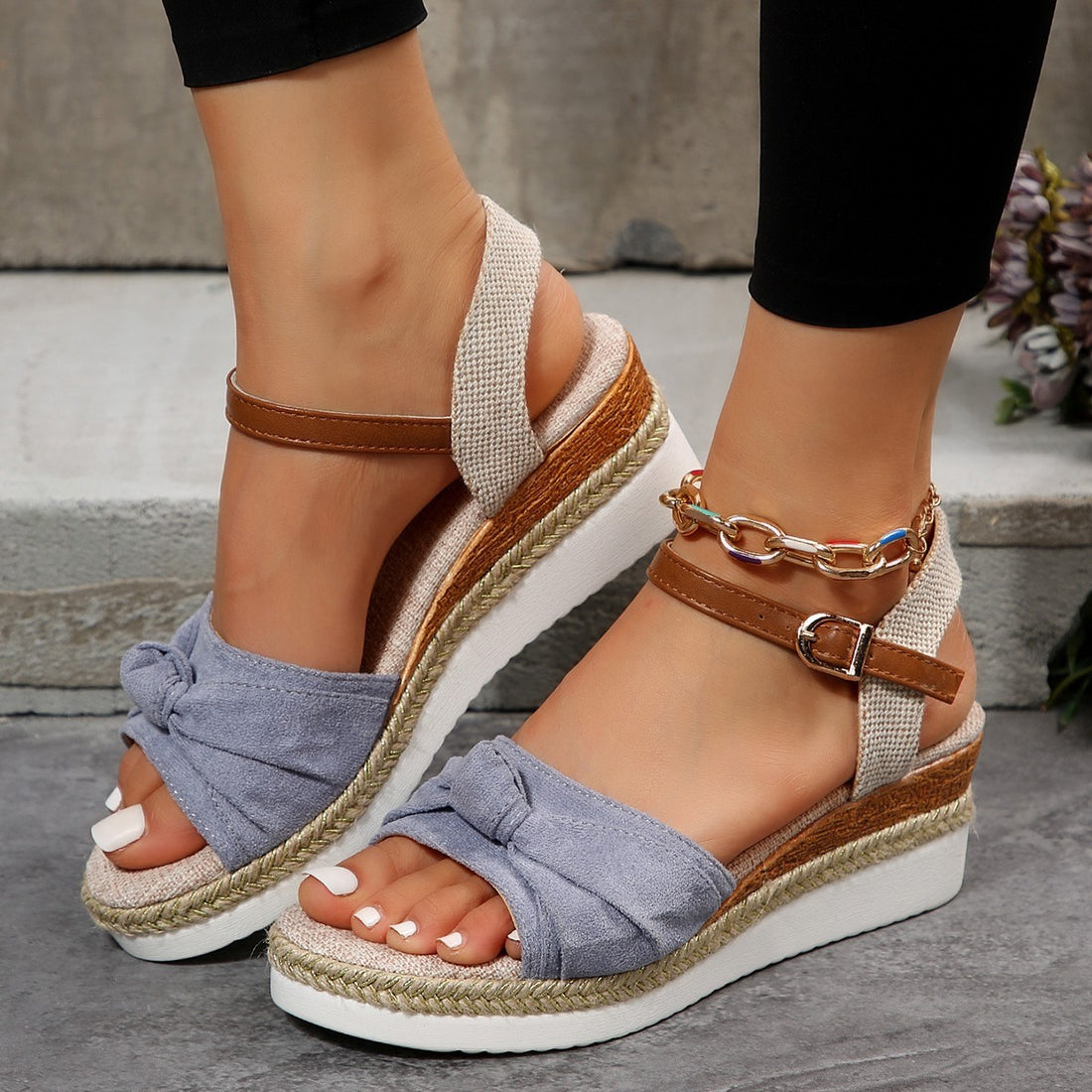 New Thick-soled Bow Sandals Summer Fashion Casual Linen Buckle Wedges Shoes For Women Limorista