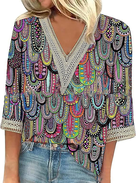 Wear Loose New Floral Print Stitching Lace Half Sleeve V-neck T-shirt Limorista