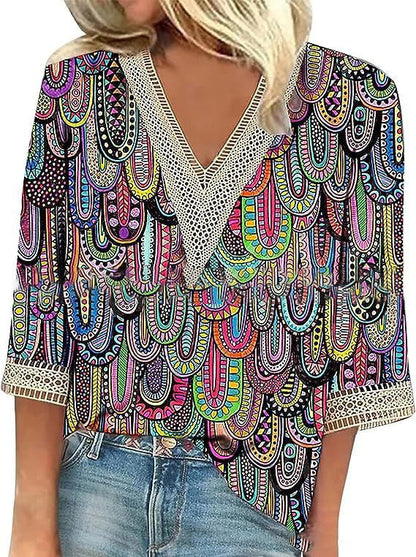 Wear Loose New Floral Print Stitching Lace Half Sleeve V-neck T-shirt Limorista