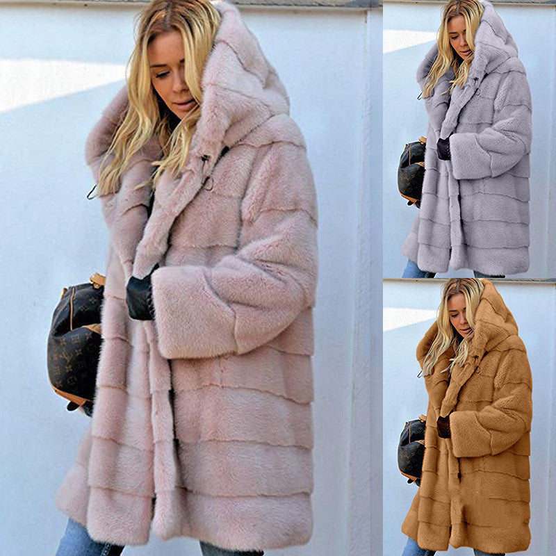 Solid Color Loose Plush Hooded Coatimitation Fur Limorista