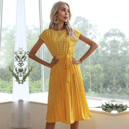 Summer Women Polka Dot Short Sleeve Dress Casual Bandage Party Pleated Midi Dresses Elegant Green Office Lady Clothing Limorista