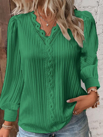 Long Sleeve V-neck Lace Patchwork Shirt Limorista
