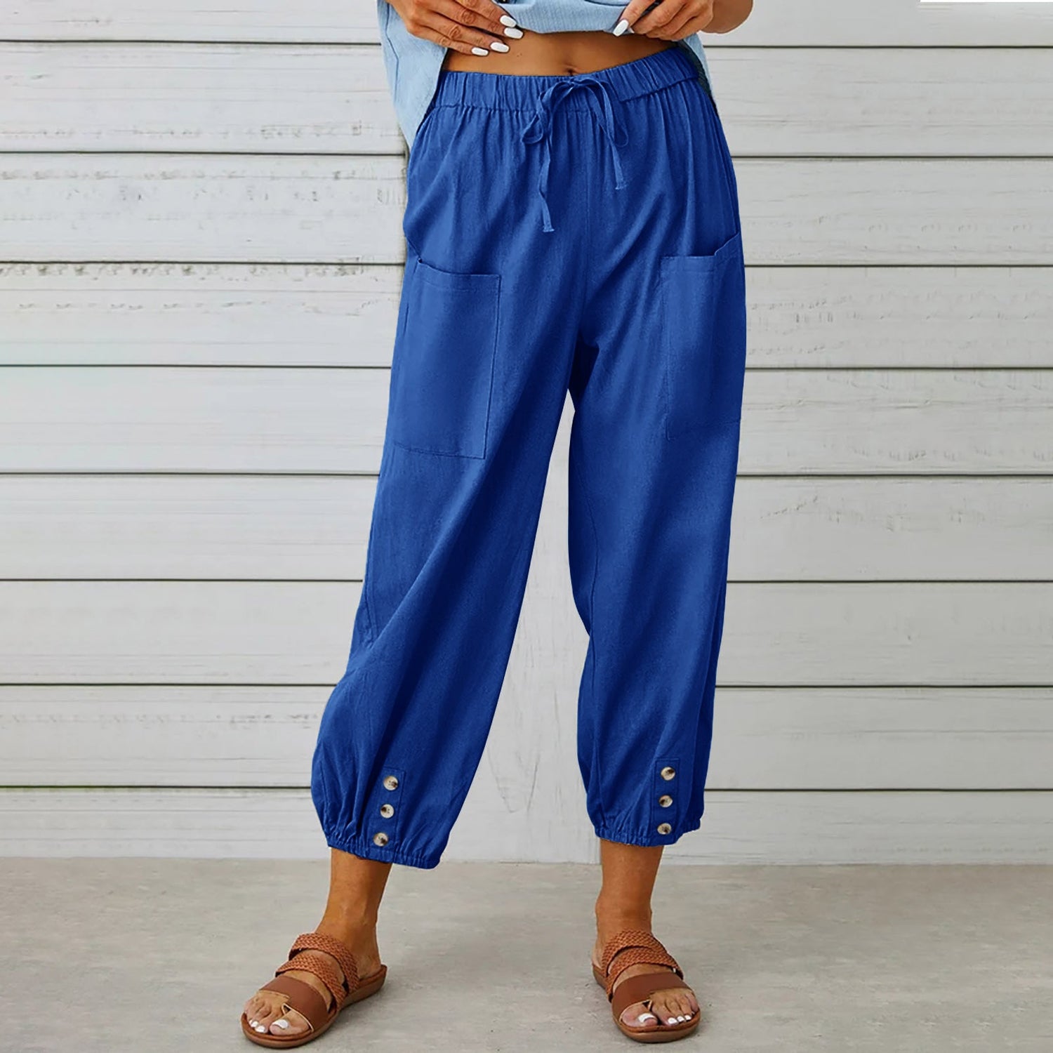 Loose High Waist Button Cotton And Linen Trousers Cropped Pants Wide Leg Women&
