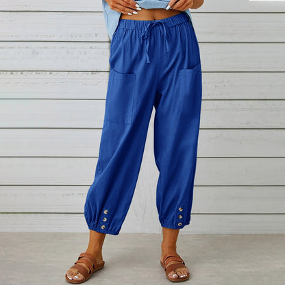 Loose High Waist Button Cotton And Linen Trousers Cropped Pants Wide Leg Women&