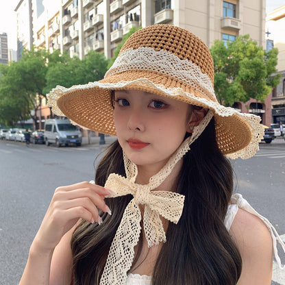 Lace String Color Woven Straw Hat Summer Versatile Outdoor Travel Beach Hat Cute Girl Ins Bucket Hat Limorista