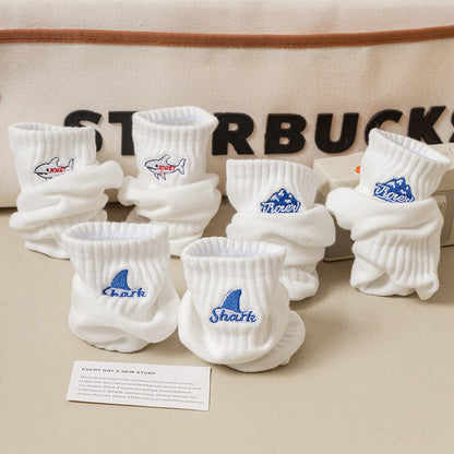 Black And White Embroidered Shark Pure Cotton Sweat Absorbing Athletic Socks Limorista
