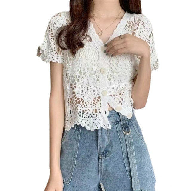 Niche V-neck Hollow Crochet Lace Shirt For Women Limorista