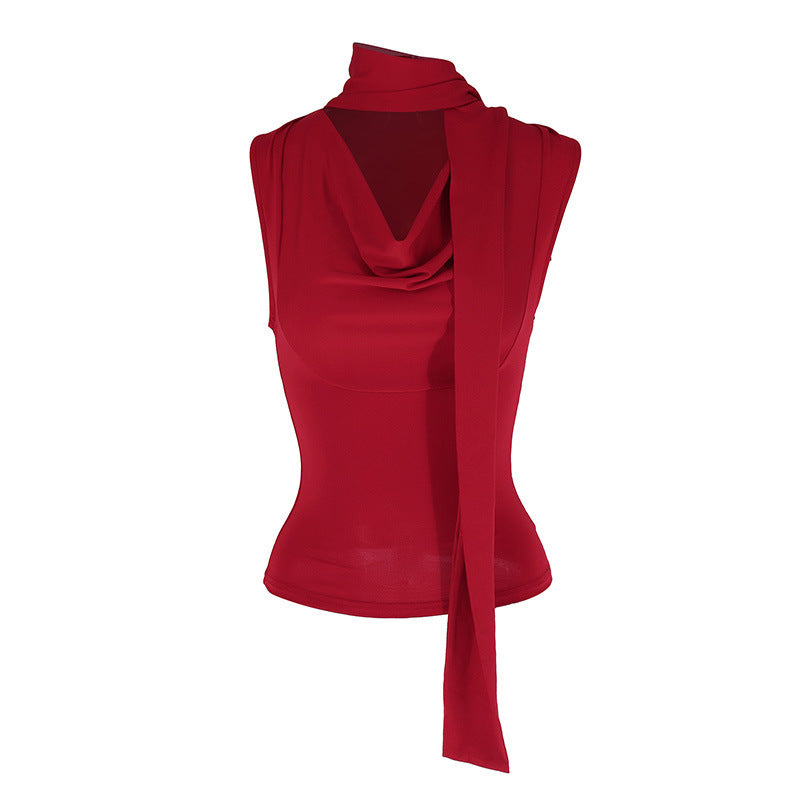Lace-up Tied Top Outerwear Ribbon Swing Collar Sleeveless Vest For Women Limorista