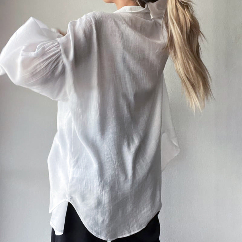 Summer New Lantern Sleeve Transparent Shirt White Coat Casual Women&