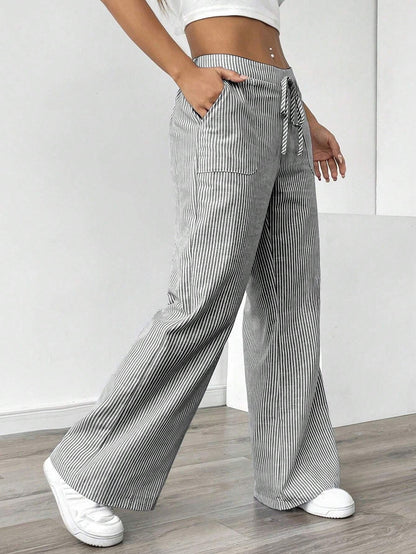 New Striped Trousers With Pockets Casual Versatile Loose Wide Leg Pants Women&