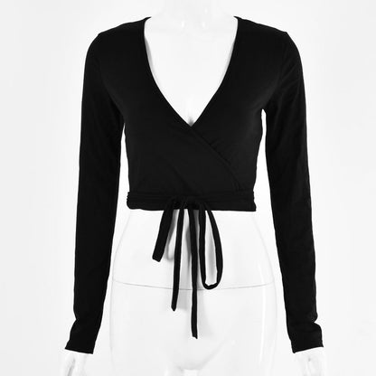 Navel-cut Low-cut Lace-up Long-sleeved Solid Color Top Limorista