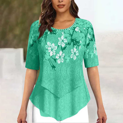 Positioning Printed Round Neck Irregular Short Sleeve Limorista