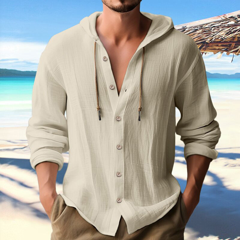 Cotton And Linen Shirt Hooded Sweater Button Long Sleeve Limorista