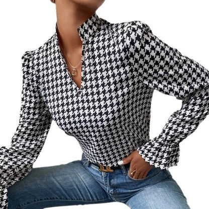 Houndstooth V-neck Long Sleeve Top Women Limorista