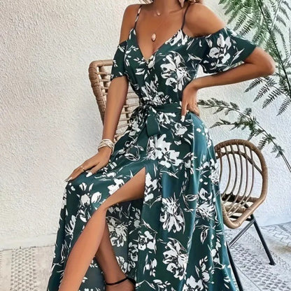 Flower Print Split Suspender Dress With Lace-up Design Summer Fashion Long Dresses Beach Clothing For Women Limorista