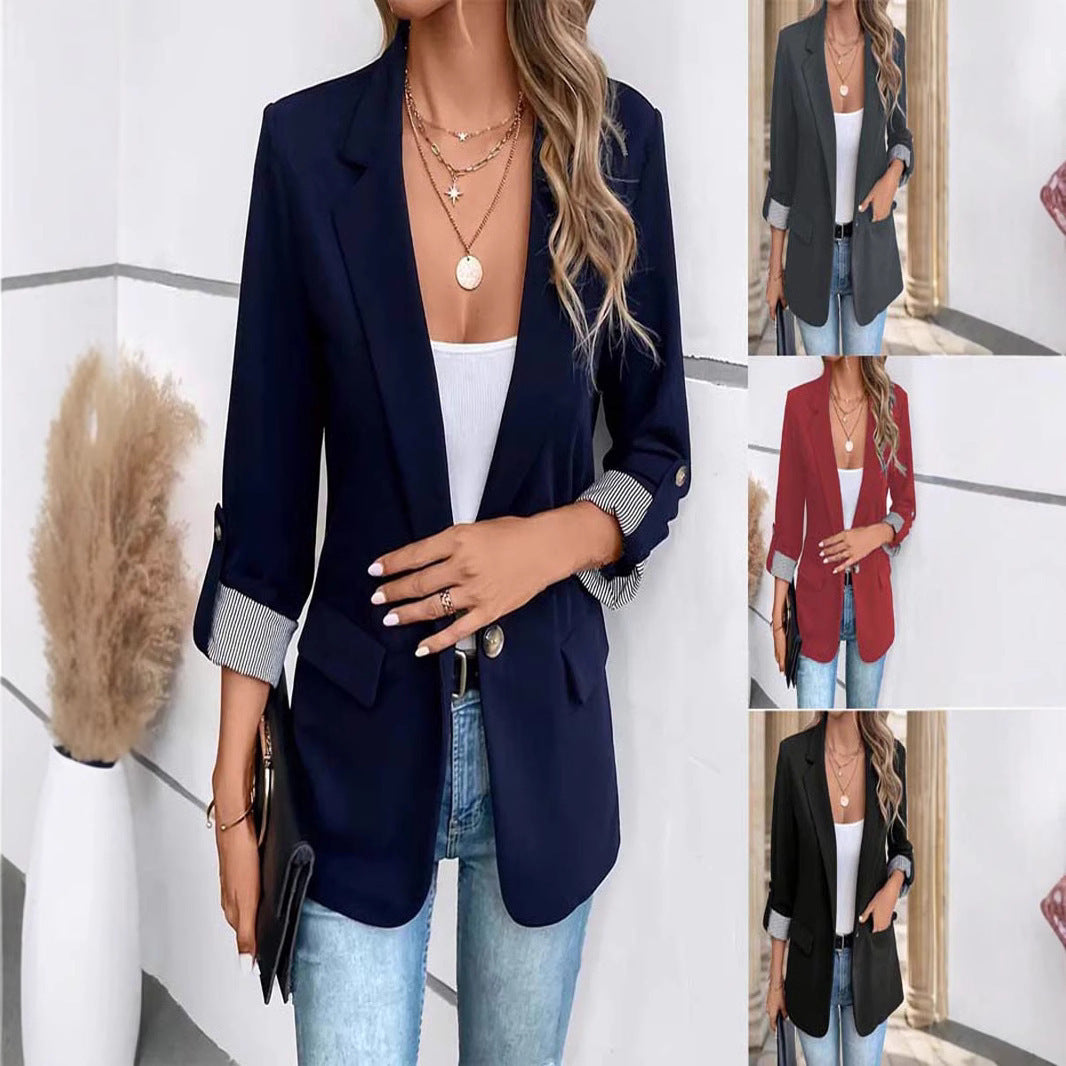 Casual Button Suit Slim-fit Cropped Roll-up Sleeve Suit Jacket For Women Limorista