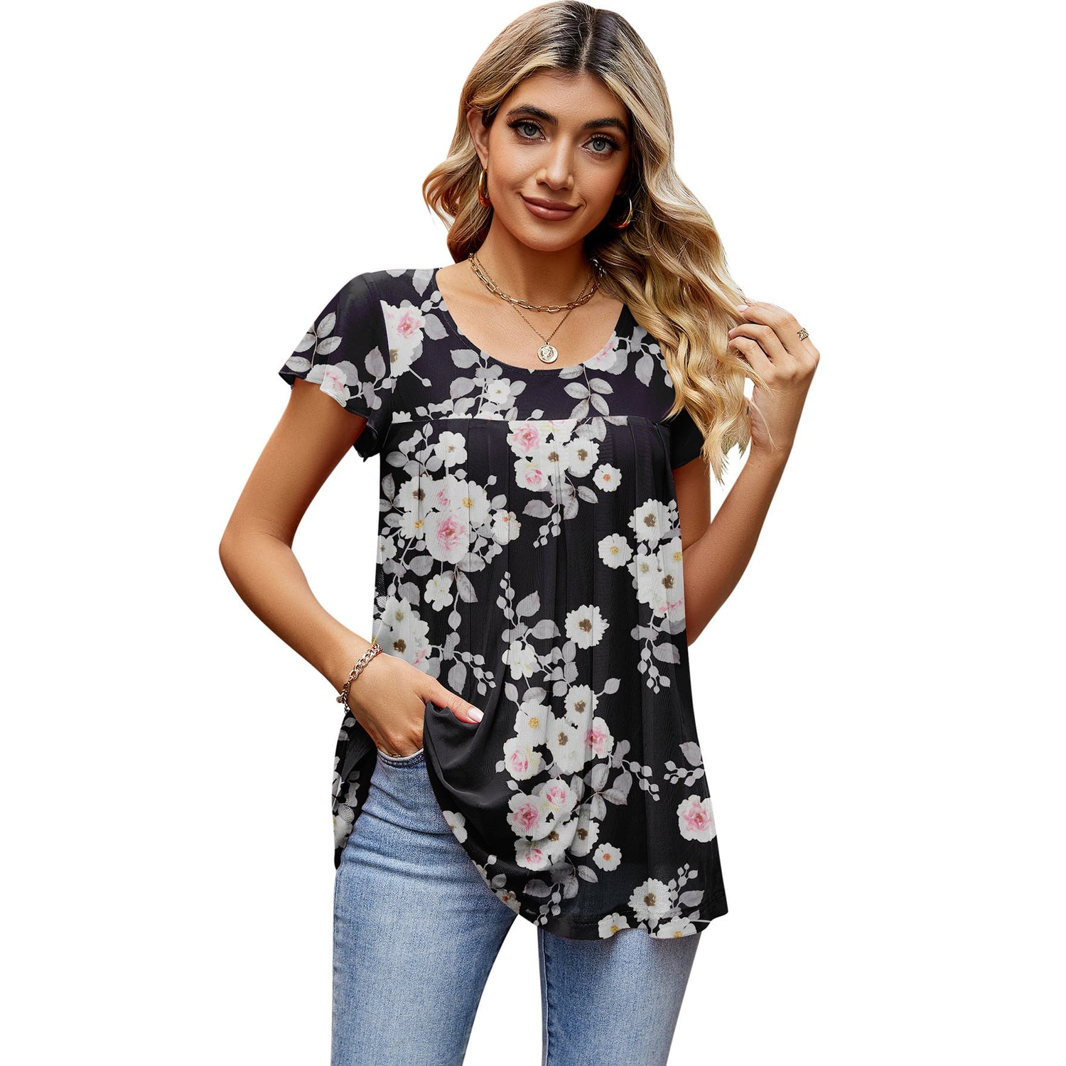 Breathable Elegant Mesh Floral Print Short Sleeve Shirt Limorista