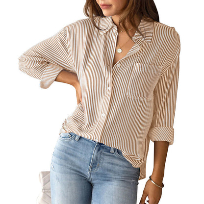 Striped Loose Casual Long Sleeves Shirt For Women Limorista